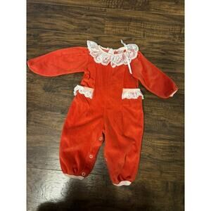 VINTAGE BUSTER BROWNS 80s/90s 6-9M Baby Girl Lace Collar Red Velvet Jumpsuit